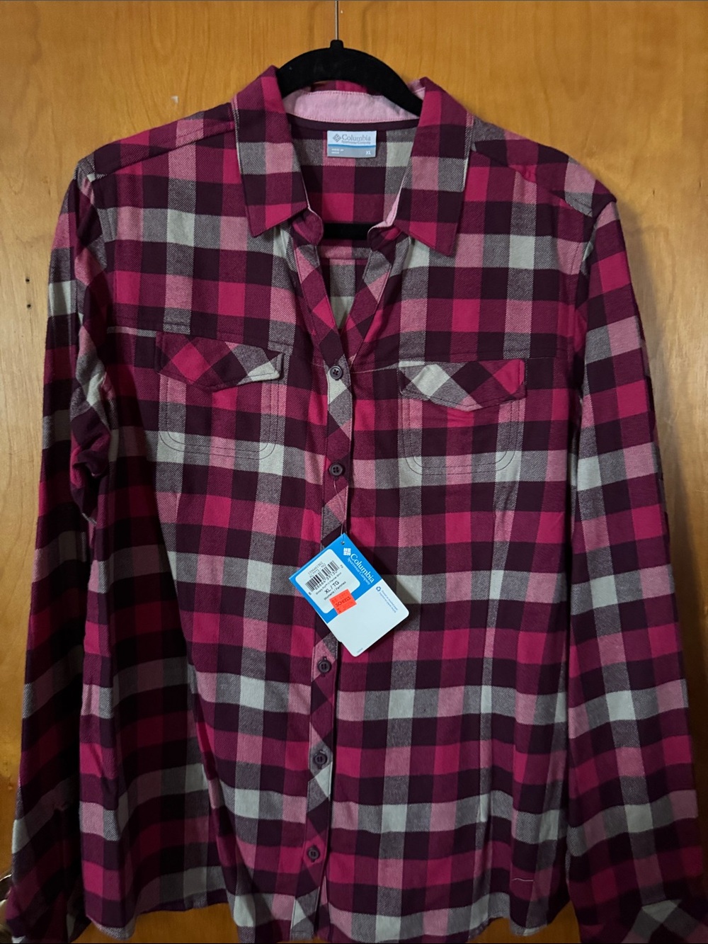Columbia woman’s Burgundy and Cream Plaid Button-Down Shirt